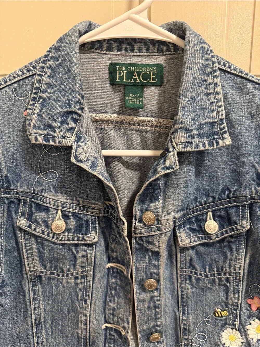 The Children's Place Med Blue Denim Jacket with Floral Embroidery Size 6X/7